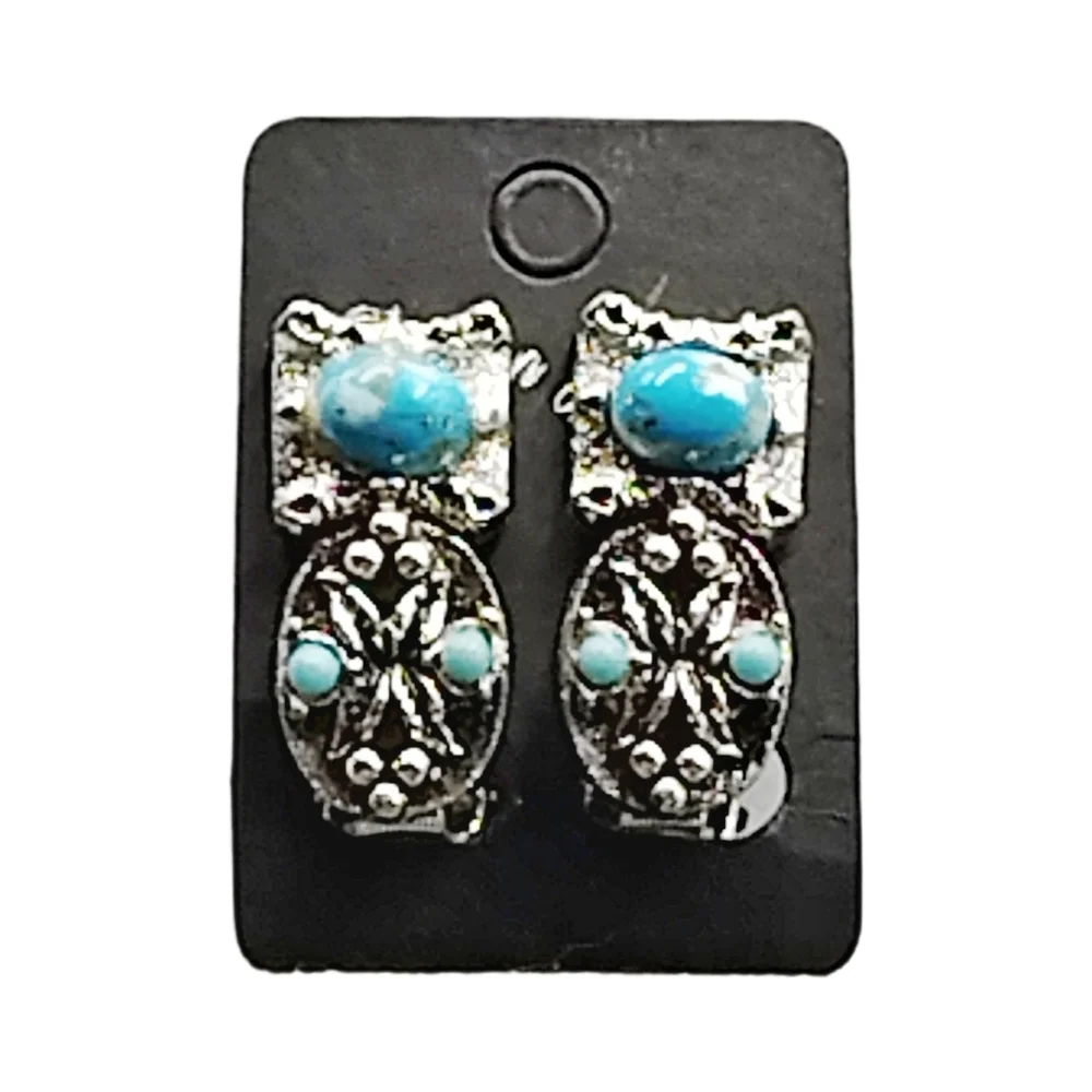 Silver Tone Blue Stone Clip On Earrings Ornate Floral Design 1”